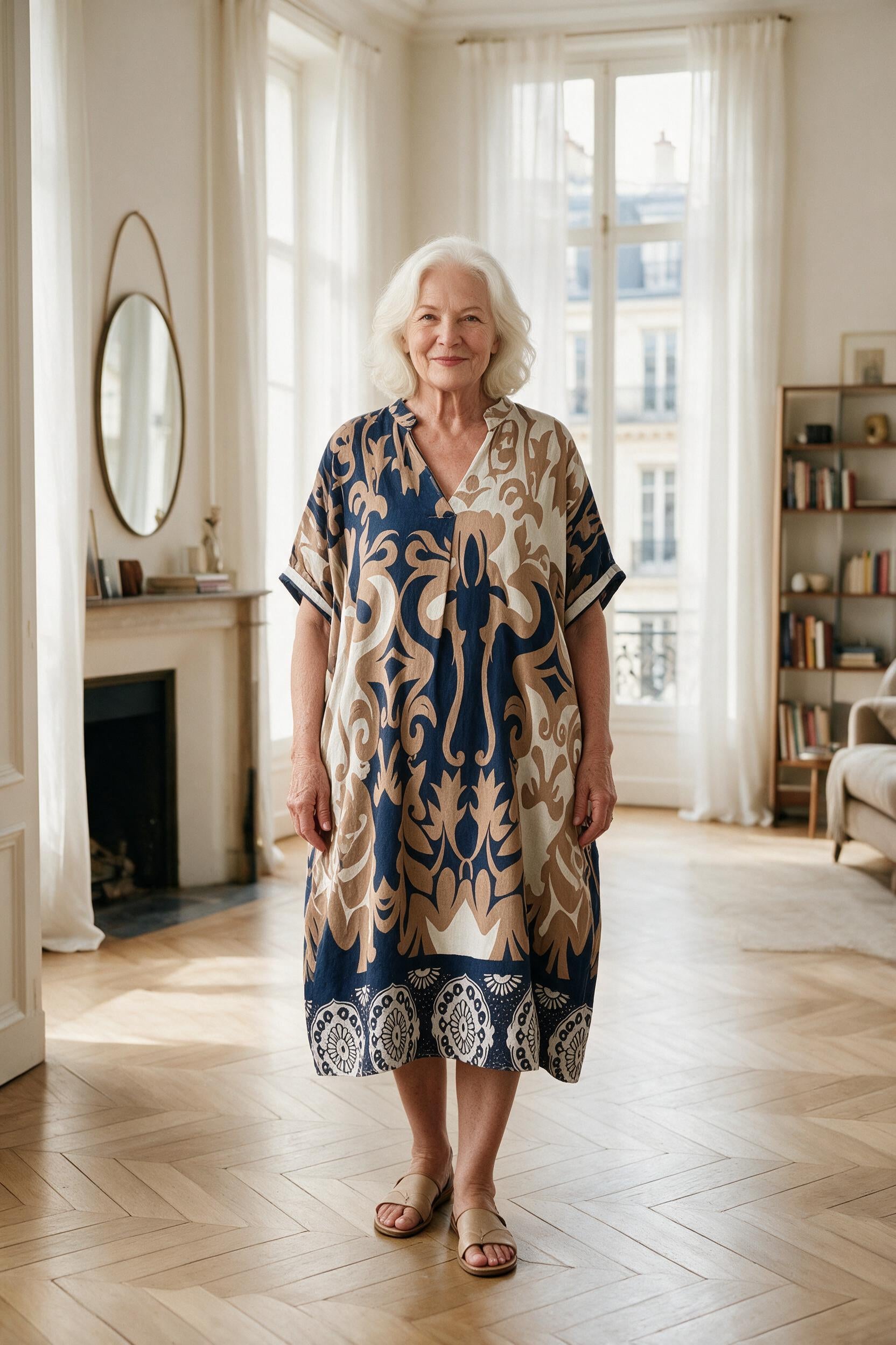 Femme de 70 ans portant la robe midi Célestine à imprimé ornemental bleu marine et beige, dans un appartement parisien