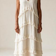 Robe Noémie blanche à volants superposés et col en V