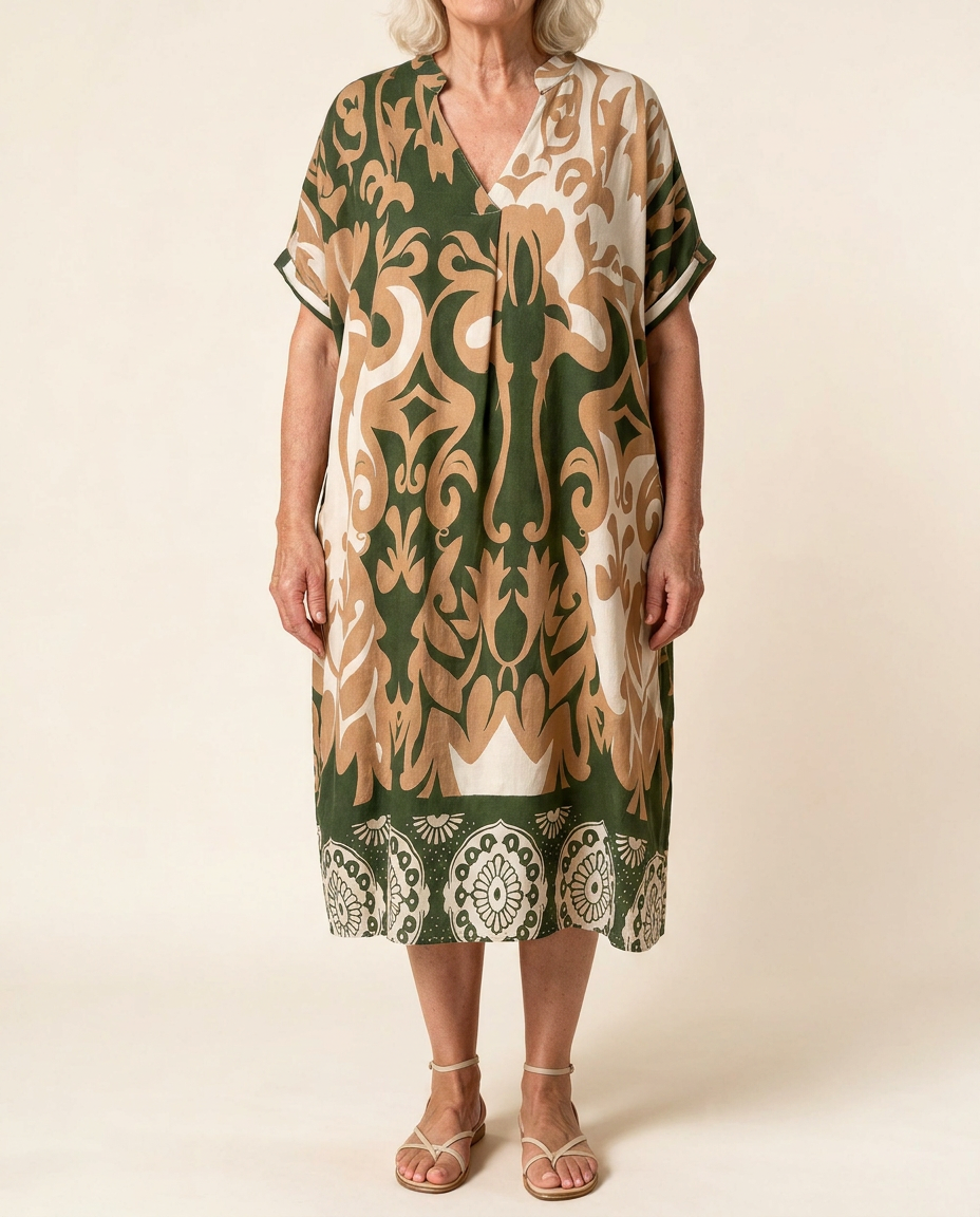 Robe midi Célestine en Vert Olivier, vue de face sur fond crème — coupe ample, col en V, bordure à médaillons