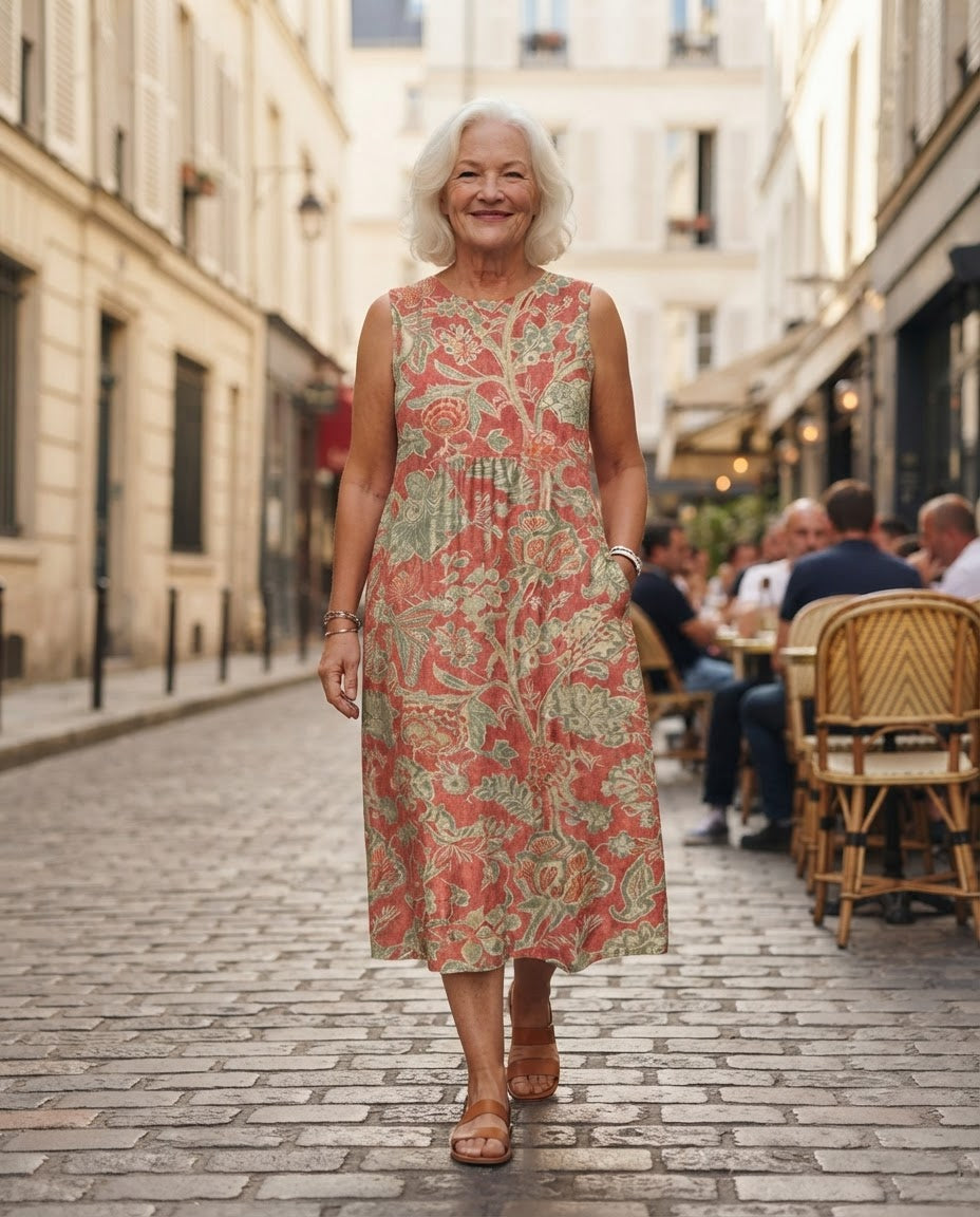 Robe midi Honorine corail portée dans une rue pavée du Marais à Paris