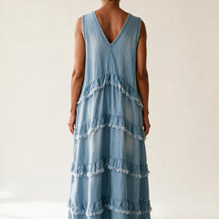 Robe Noémie vue de dos, volants superposés à franges