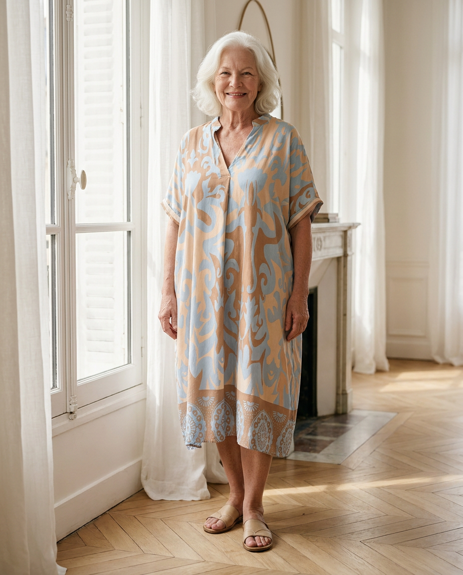 Femme de 70 ans portant la robe midi Célestine en Bleu Horizon, imprimé ornemental bleu clair et abricot, dans un appartement parisien