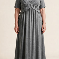 Robe longue Perrine, coloris gris — buste croisé drapé, col en V et taille empire, vue de face