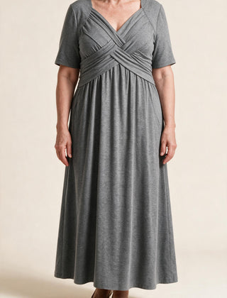 Robe longue Perrine, coloris gris — buste croisé drapé, col en V et taille empire, vue de face