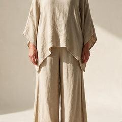 Ensemble Clémence en lin kaki, haut ample à ourlet asymétrique et pantalon large