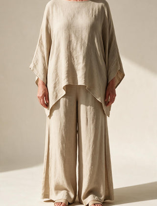 Ensemble Clémence en lin kaki, haut ample à ourlet asymétrique et pantalon large