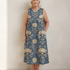 Robe midi Honorine sans manches bleu délavé à motif ornemental doré