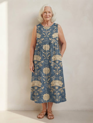Robe midi Honorine sans manches bleu délavé à motif ornemental doré