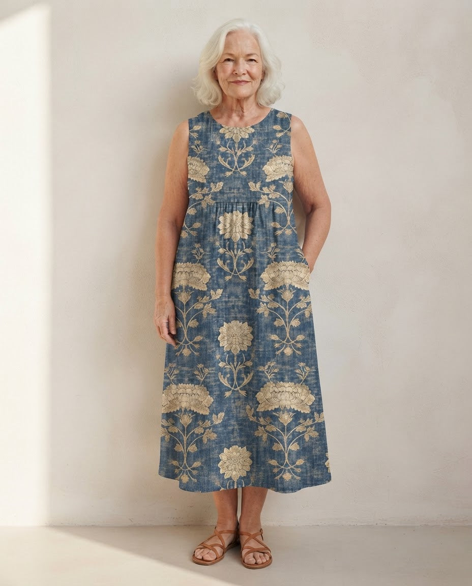 Robe midi Honorine sans manches bleu délavé à motif ornemental doré