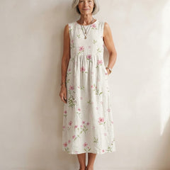 Robe midi Honorine sans manches blanche à petites fleurs roses