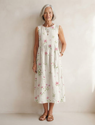 Robe midi Honorine sans manches blanche à petites fleurs roses
