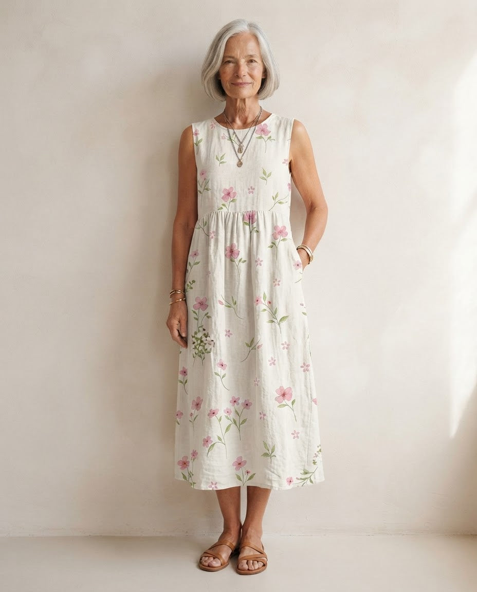 Robe midi Honorine sans manches blanche à petites fleurs roses