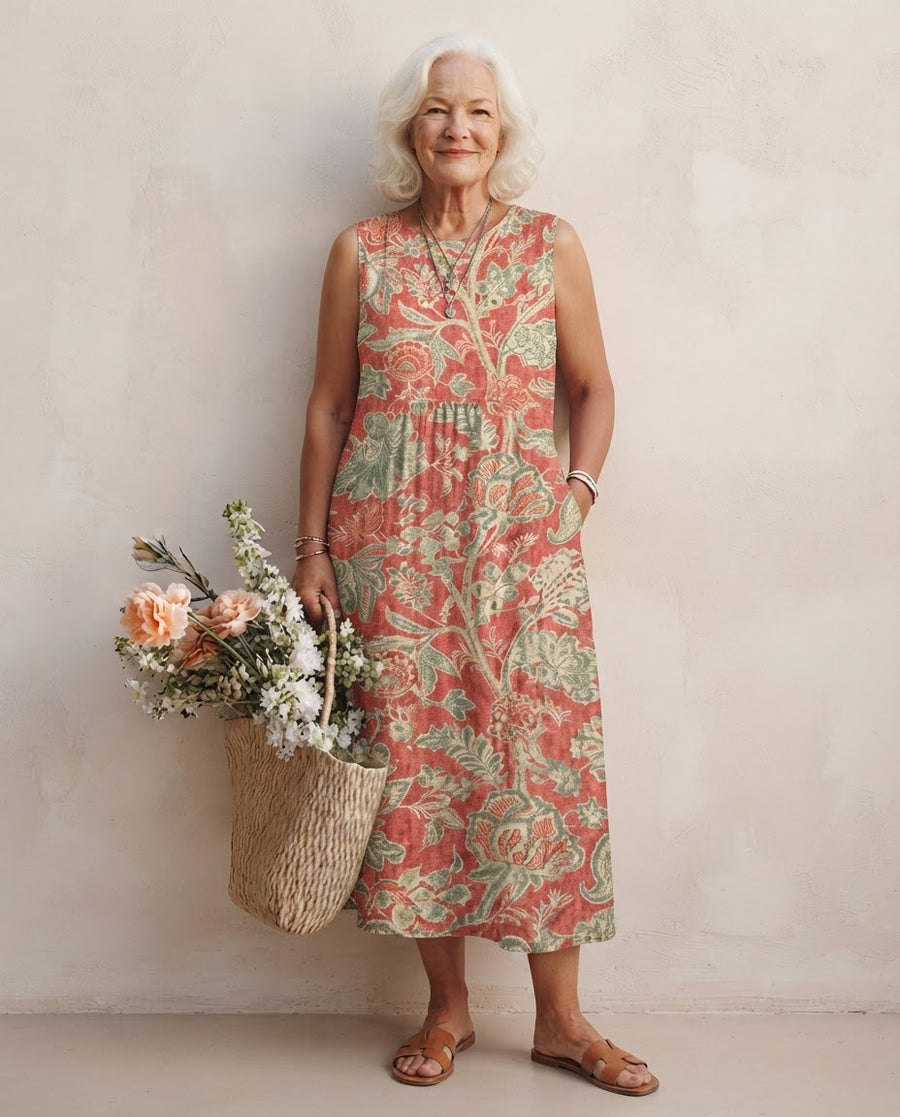 Robe midi Honorine sans manches à imprimé floral corail et vert sauge, portée main dans la poche