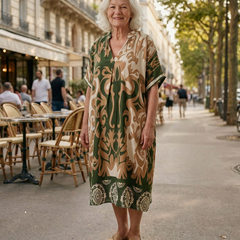 Femme de 70 ans portant la robe midi Célestine en Vert Olivier sur un boulevard parisien, devant une terrasse de café