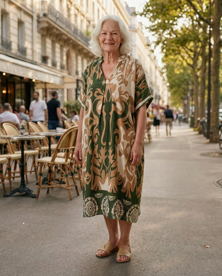 Femme de 70 ans portant la robe midi Célestine en Vert Olivier sur un boulevard parisien, devant une terrasse de café