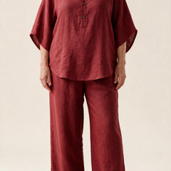 Ensemble Clarisse en lin, coloris rouge — tunique à col montant et pantalon large, vue de face