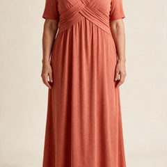 Robe longue Perrine, coloris orange corail — buste croisé drapé, col en V et taille empire, vue de face
