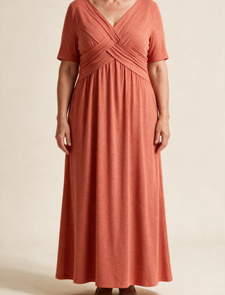 Robe longue Perrine, coloris orange corail — buste croisé drapé, col en V et taille empire, vue de face
