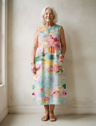 Robe midi Honorine sans manches à imprimé aquarelle multicolore