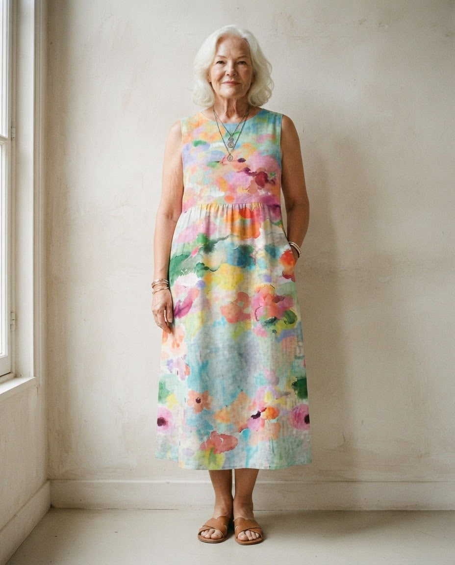 Robe midi Honorine sans manches à imprimé aquarelle multicolore