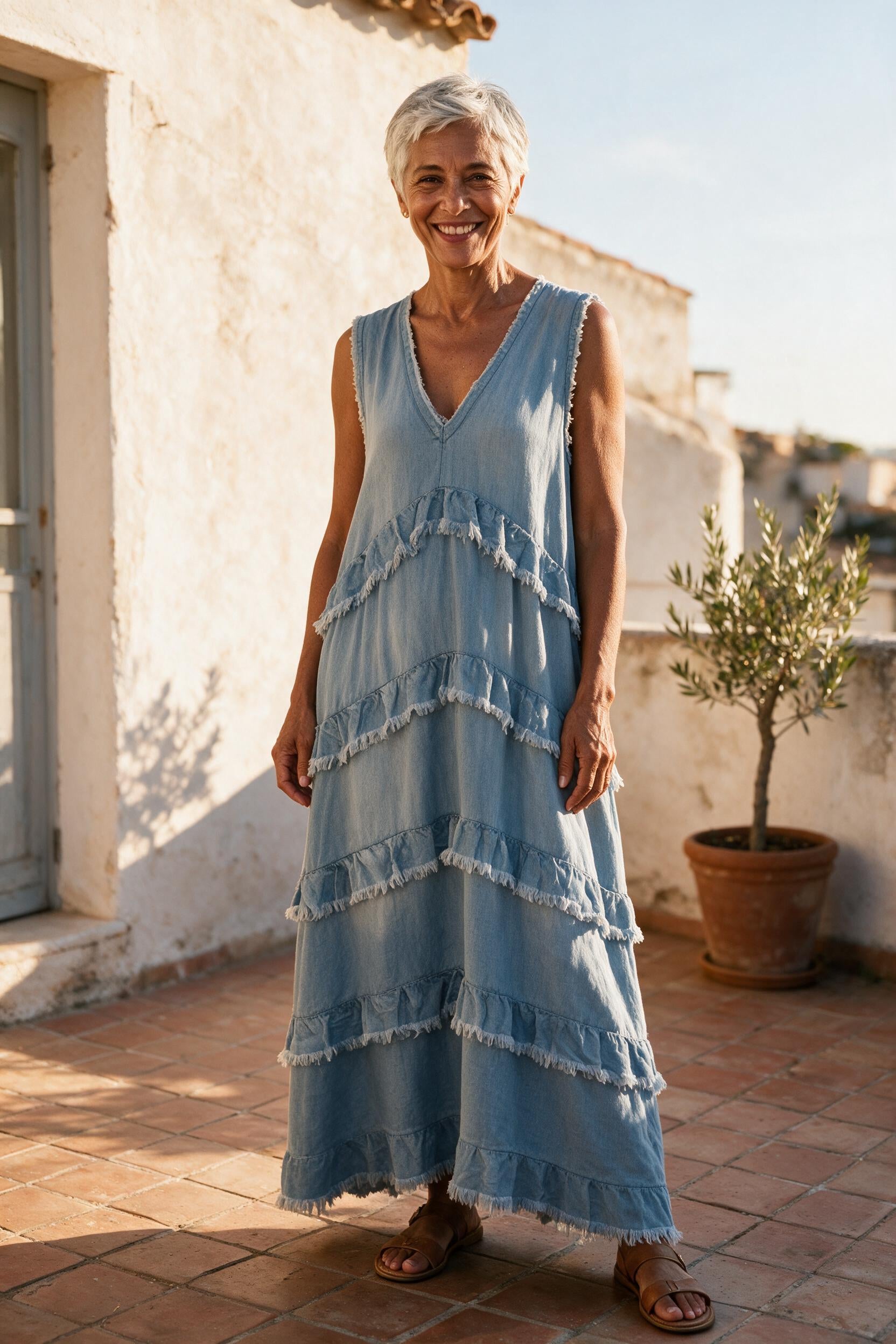 Robe Noémie bleu clair à volants superposés et col en V, portée sur une terrasse