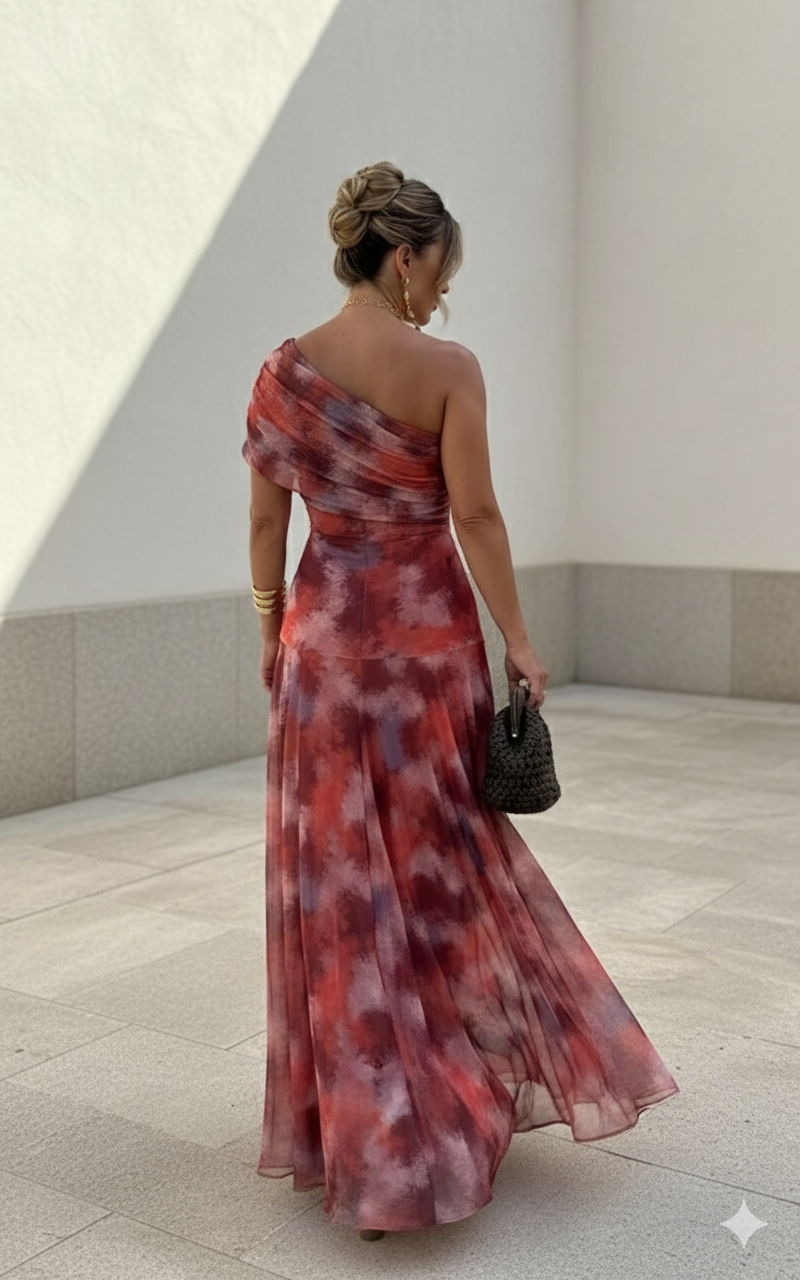 Irène | Robe Longue Asymétrique à Une Épaule et Imprimé Aquarelle