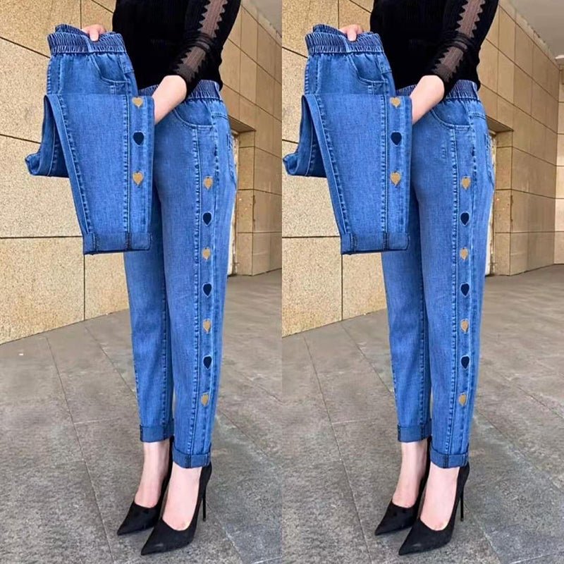 Simone | Jean Extensible avec Broderie Cœur